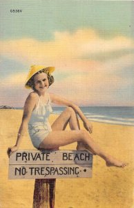 PRIVATE BEACH NO TRESPASSING WOMAN IN BATHING SUIT COMIC TOBACCO POSTCARD