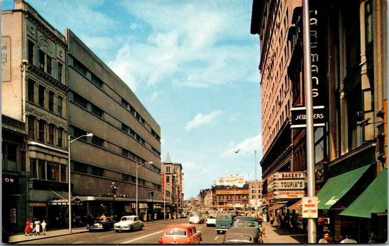 Vtg Worcester MA Main Street View Shopping District Old Cars 1950s Postcard