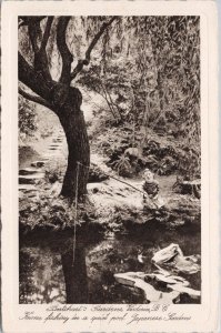 Gnome Fishing Butchart Gardens Victoria BC Black and White Unused Postcard H33