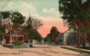 Vintage Postcard 1910's Elm Street Cortland NY New York Leighton & Valentine Co.