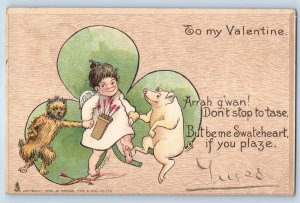 1908 Valentine Cupid Angel Dog And Pig Dancing Clover Bayhead NJ Postcard