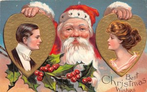 J50/ Santa Claus Christmas Postcard c1910 Gold-Lined Man Woman 157