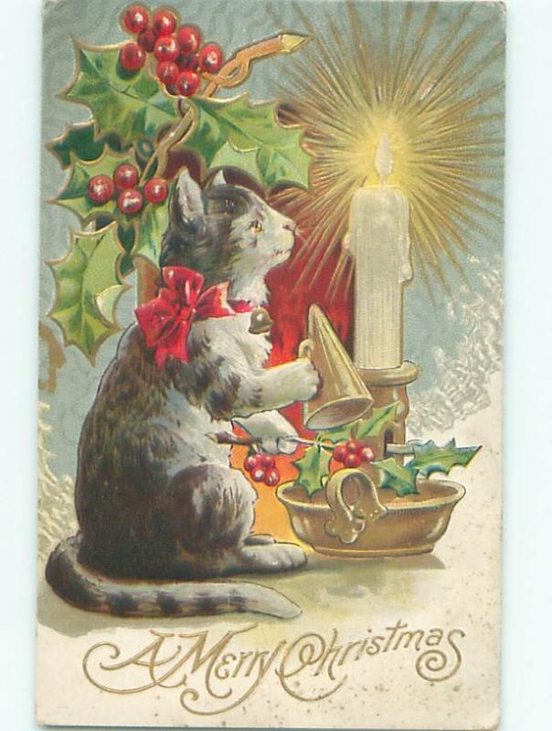 Pre-Linen Christmas LARGE KITTEN BY THE CANDLE AB5608
