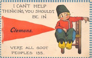 Clemons Iowa 1920s Greetings Postcard Pennant Dutch Boy