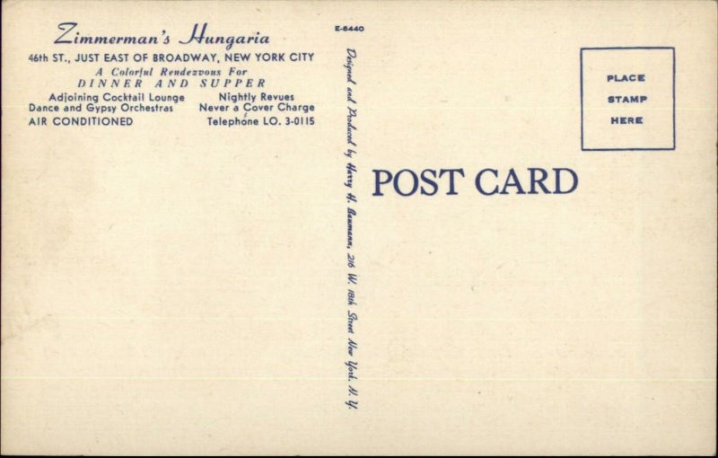 New York City Zimmerman's Hungaria Restaurant Linen Advertising Postcard