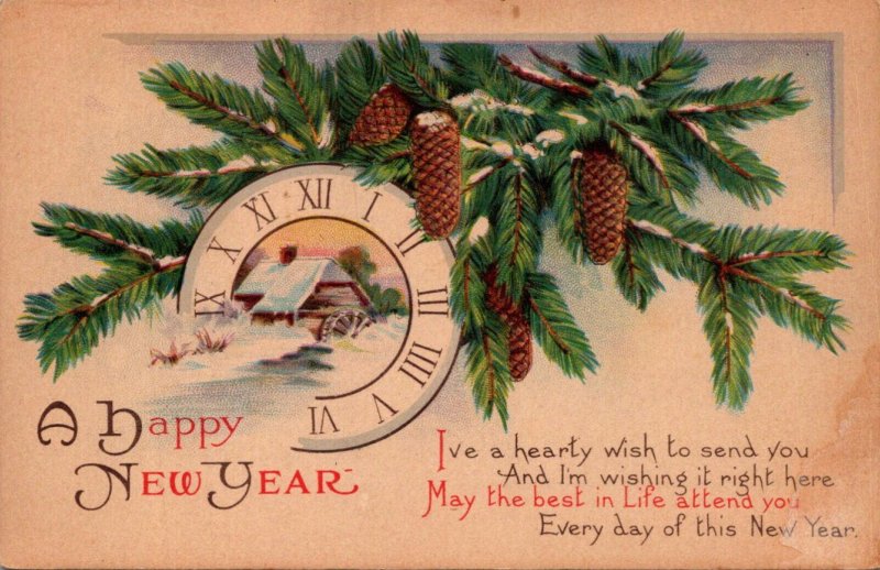New Year With Pine Branch and Clock
