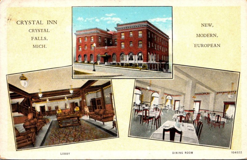 Michigan Crystal Falls The Crystal Inn Showing Lobby and Dining Room 1925 Cur...
