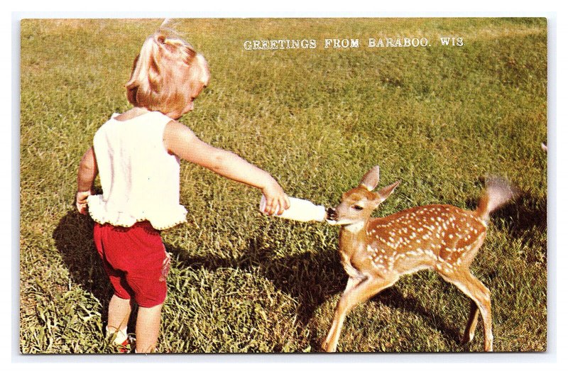 Greetings From Baraboo Wis. Wisconsin Postcard  Girl Bottle Feeding Fawn Deer 