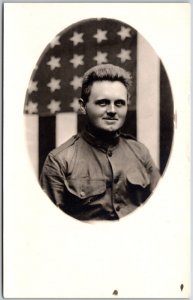 Man In Uniform U. S. Flag In The Background Real Photo RPPC Postcard