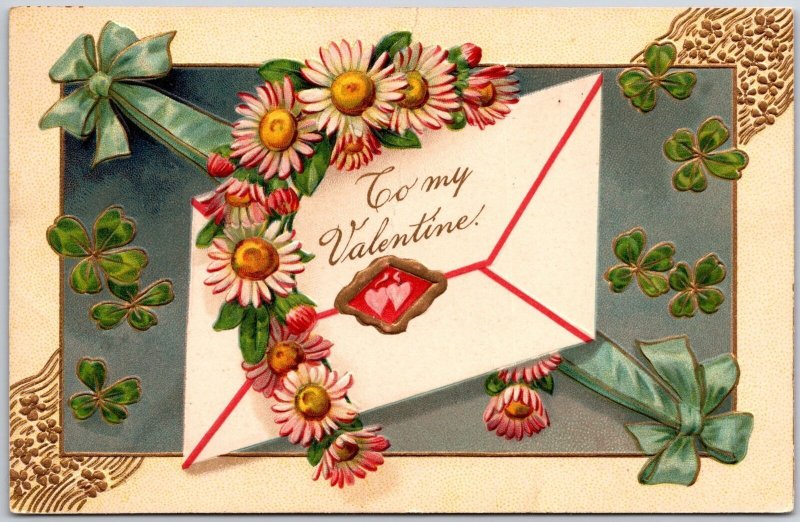 1909 Valentine Flowers Ribbons Mail With Two Hearts Attached Posted Postcard