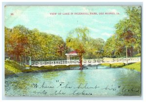 c1910's View Of Lake Ingersoll Park Bridge Des Moines Iowa IA Antique Postcard
