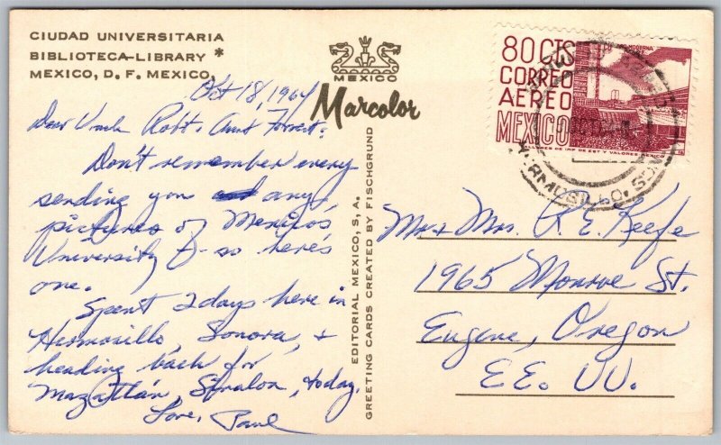 Vtg Ciudad Universitaria Biblioteca Library Mexico City Mexico 1960s Postcard