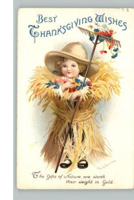 CLAPSADDLE THANKSGIVING Farmer Girl w Rake c1910 PC