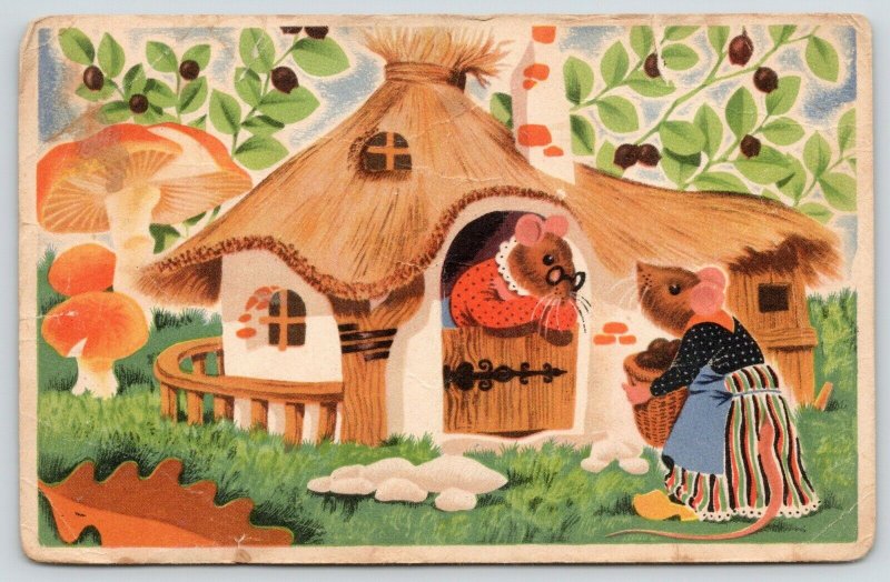 Artist~Dressed Mice~A Neighbors Chat~Thatch-Roof Hut~Red/White Mushrooms~c1915 