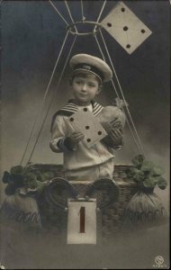 New Year - Sailor Boy w/ Letter Hot Air Balloon c1910 Tinted Real Photo Postcard
