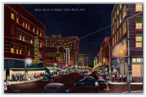 Little Rock Arkansas AR Postcard Main Street Night Classic Cars Buildings c1940