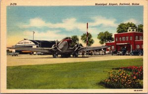Linen Postcard Municipal Airport in Portland, Maine