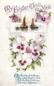 British embossed greetings postcard heart ease flowers emboss cross & boats 1921