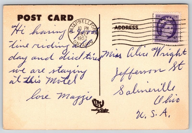 Cobourg Ont Canada~Frank's Tourist Camp~Motel~Gas Station~Free Air~1957 B&W PC