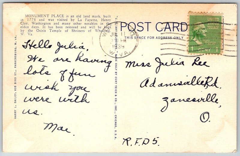 Elm Grove West Virginia 1939 Postcard Monument Place Wheeling