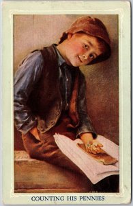 Counting His Pennies Portrait of Little Boy Counts His Money Postcard