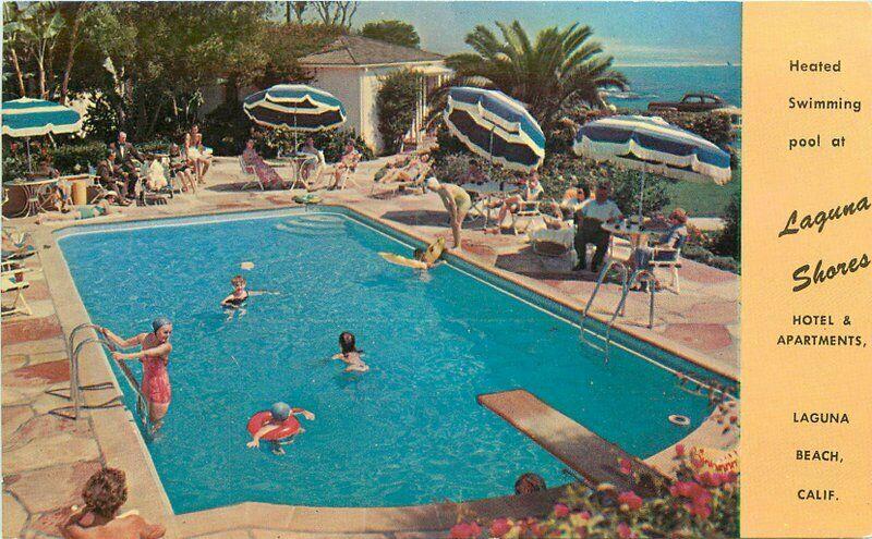 California 1950s Laguna Shores pool Hotel apartments Postcard Colorpicture 4414