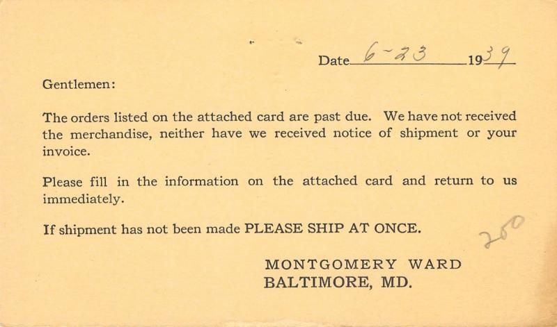 Baltimore Md~Montgomery Wards Wants Late Mdse From Washburn Andrews Wire Co~1939