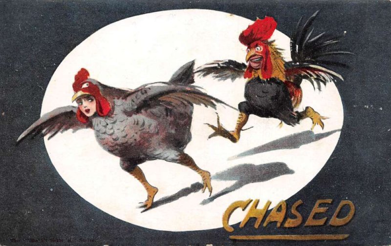 Easter Greetings Chicken Costumes Lady being Chased Vintage Postcard AA75753