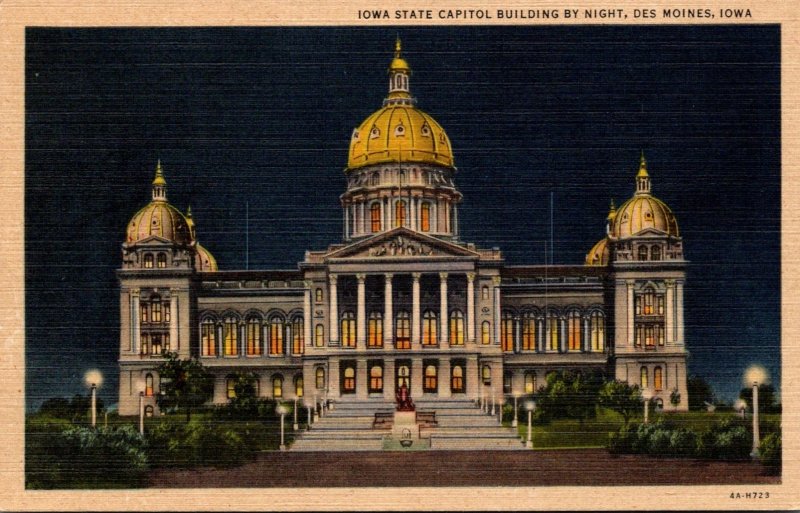 Iowa Des Moines State Capitol Building By Night Curteich