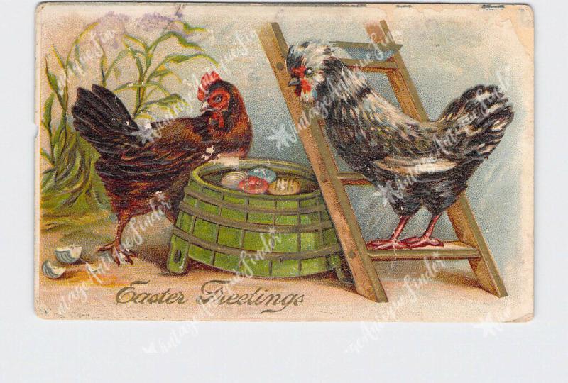 PPC POSTCARD EASTER GREETINGS ROOSTER ON LADDER HEN WITH EGGS EMBOSSED 