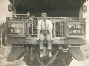 c1910 Man Sitting on Train RPPC Photo St. Louis Limited Burlington Postcard