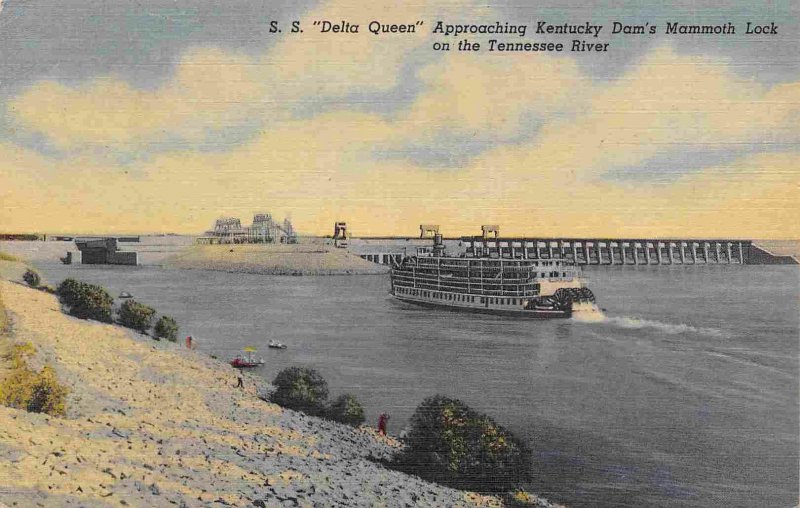 Steamer Delta Queen Mammoth Lock Kentucky Dam Tennessee River 1954 postcard