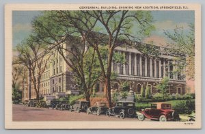Linen~Centennial Bldg w/New Addition~Springfield IL~Classic Cars~Vintage PC