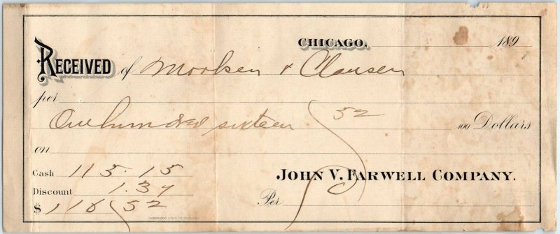 1890s Chicago John V. Farwell Store Receipt Check Letterhead Invoice Sherwood R1