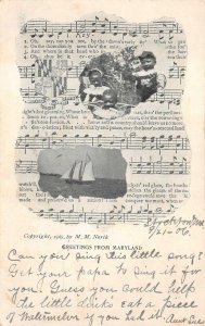 GREETINGS FROM MARYLAND SONG SHIP CHILDREN BLACK AMERICANA POSTCARD 1906