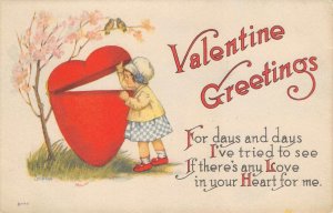 Valentine's Day Greetings Girl & Heart Artist-Signed ca 1910s Antique Postcard