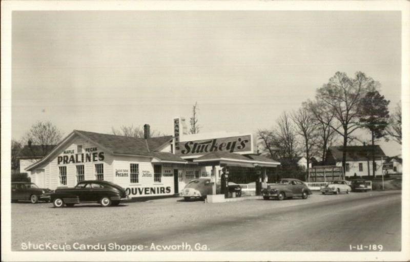 Acworth GA Stuckey's Candy Shoppe & Gas Station Cars Real Photo Postcard