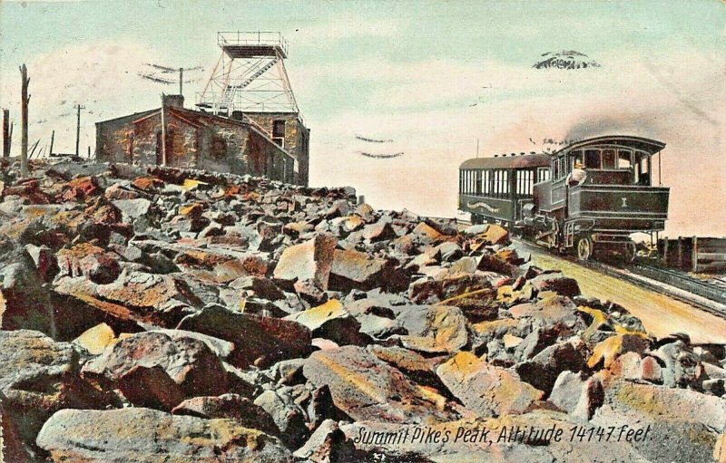 COG RAILROAD-SUMMIT PIKE'S PEAK COLORADO~ALTITUDE 14147 FEET~1908 PSTMK POSTCARD