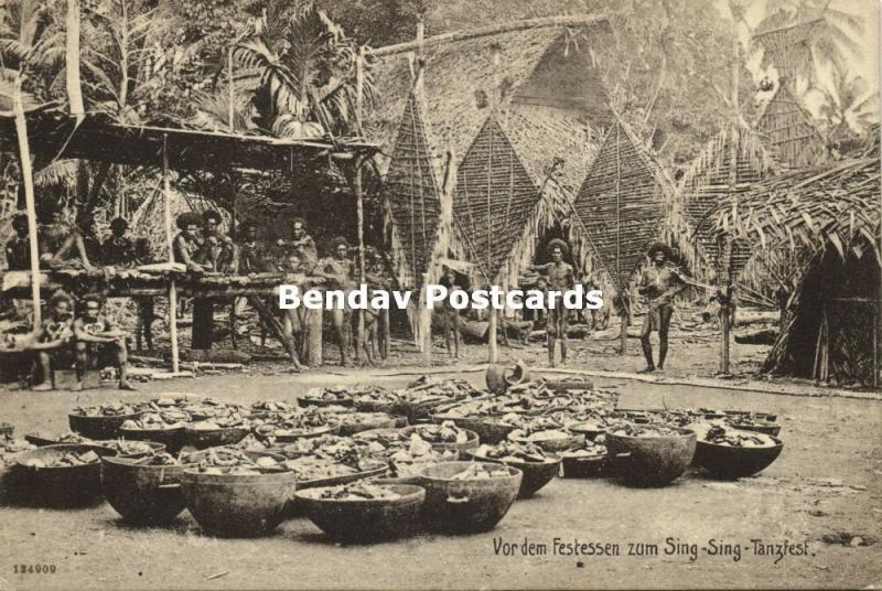 german new guinea, Sing-Sing Dance Festival, Feast Meal, Papua Huts (1910s)