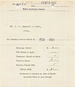 MILL CREEK WV~PUBLIC TELEPHONE COMPANY~1931 BILLHEAD