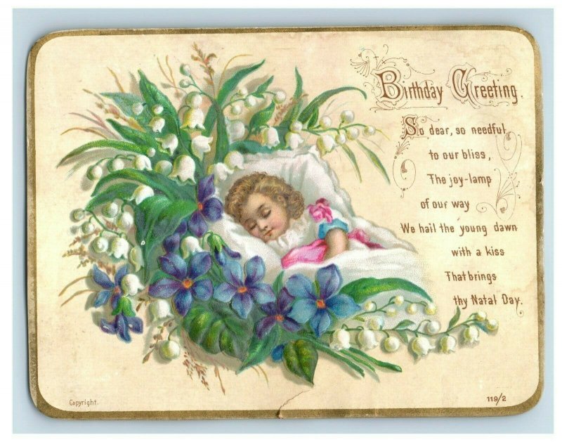 1880's Adorable Baby Flower Bed Birthday Poem Embossed Victorian Card #2 P142