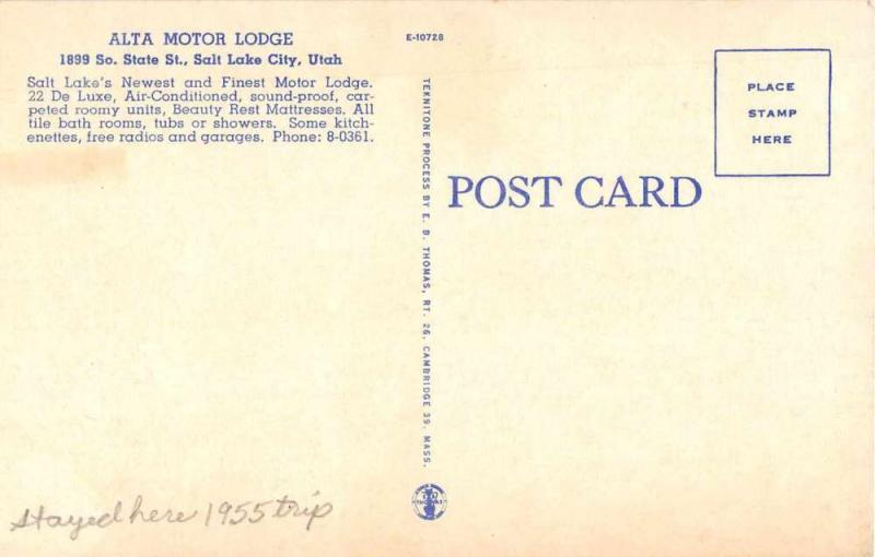 Salt Lake City Utah Alta Motor Lodge Antique Postcard J53258