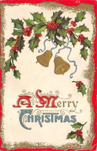 A Merry Christmas c1910 Postcard Gold Bells Holly by P.Sander