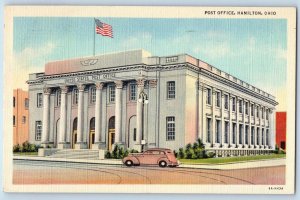 Hamilton Ohio OH Postcard Post Office Building Exterior 1951 Vintage Car Flag