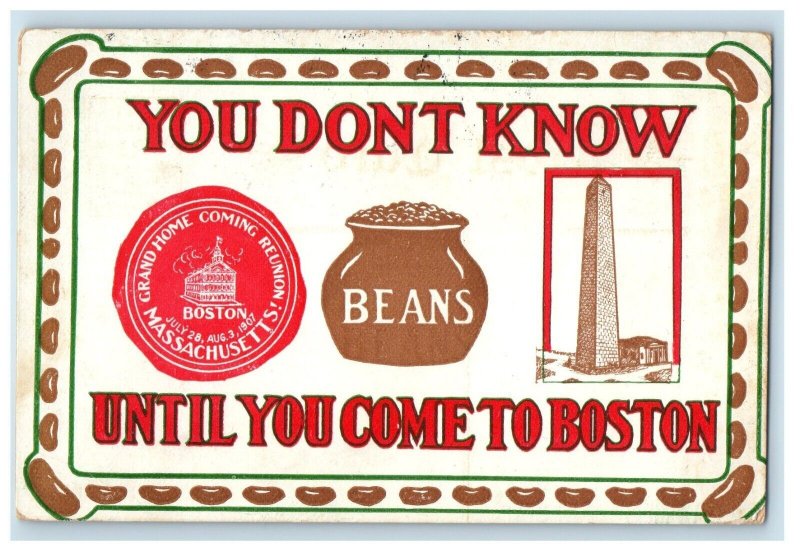 1907 Beans And Monument At Boston Massachusetts MA, Poughkeepsie NY Postcard