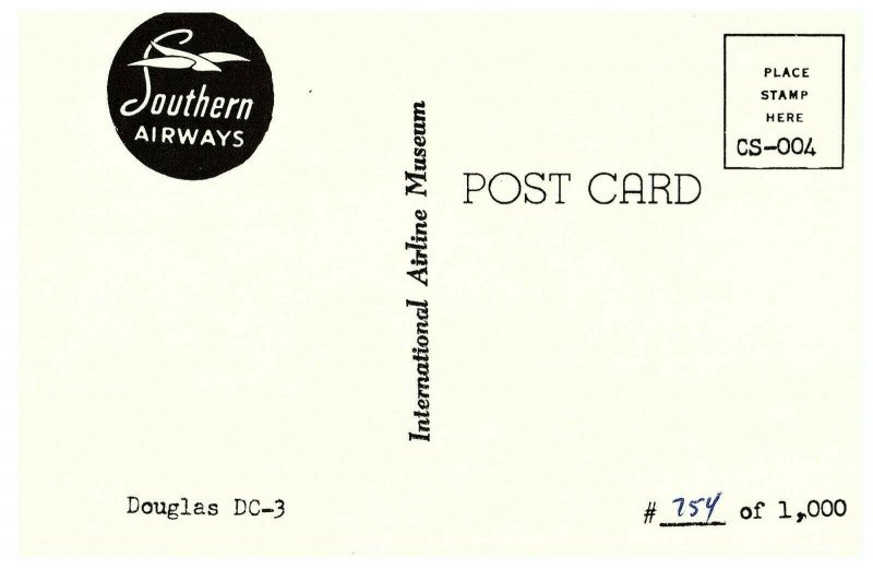 Southern Airways Douglas DC-3 International Airline Museum B & W Postcard