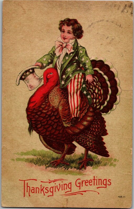 Thanksgiving Greetings, Boy in Patriotic Suit on Turkey c1909 Vtg Postcard B11