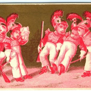 c1880s Stock Child Soldiers w/ Guns Feather Helmets Trade Card Tired Gold C22