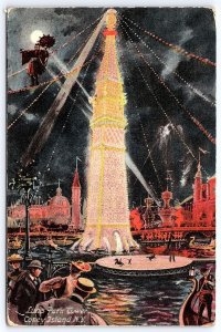 Luna Park Tower By Night Coney Island New York City Amusement Park Postcard