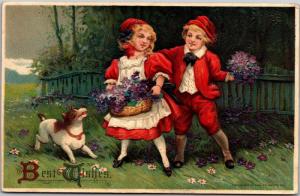 Best Wishes, Boy and Girl Basket Flowers Dog Embossed c1911 Vintage Postcard J03